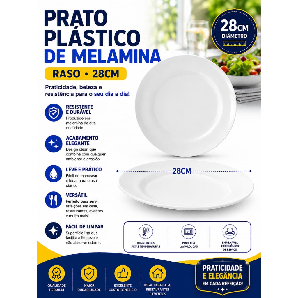 Jogo 10 Pratos Refeição Rasos Redondos 28cm Branco Melamina Leve Resistente Durável para Cozinha