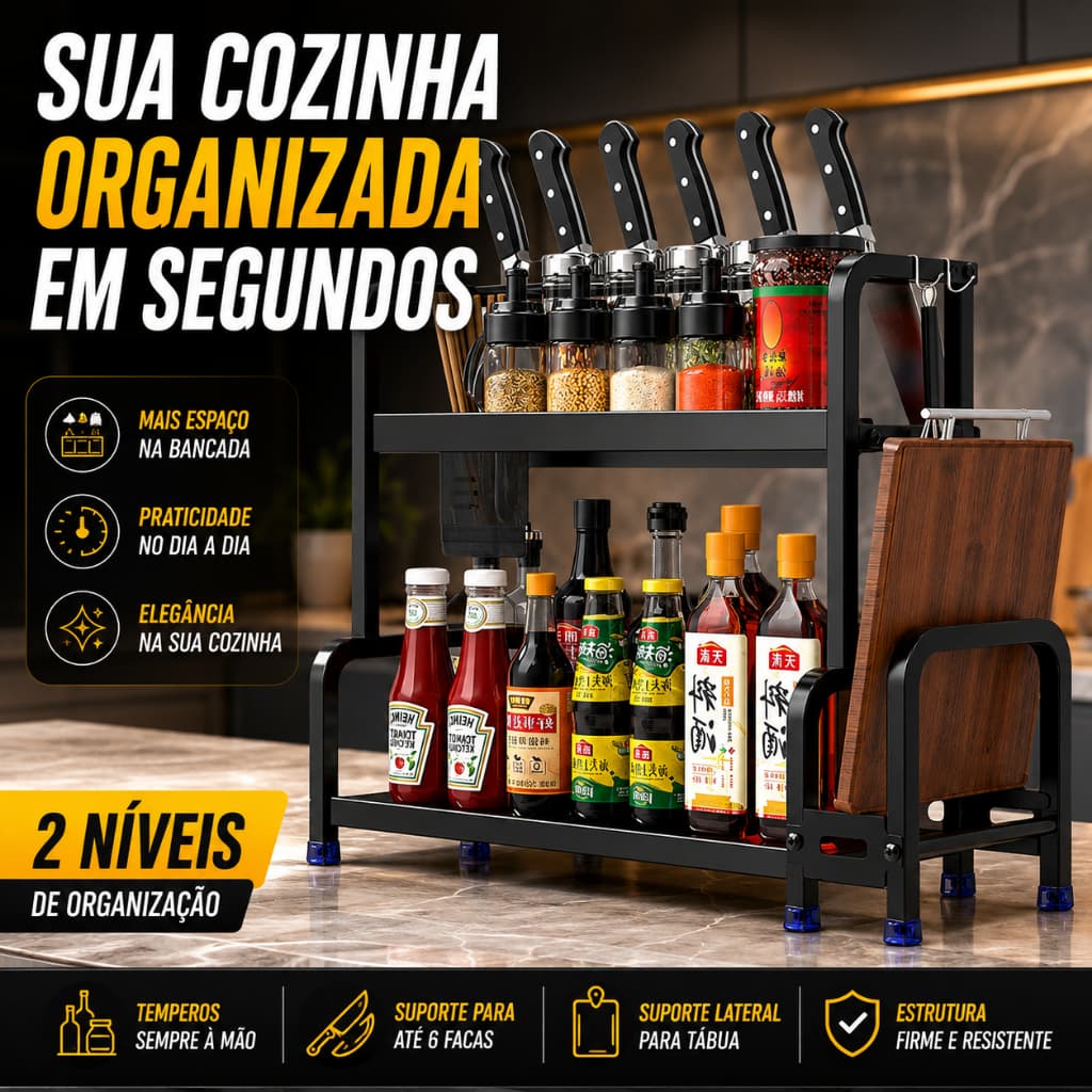 Organizador de Bancada para Cozinha 2 Níveis Porta Temperos Suporte Facas e Tábua em Ferro Preto