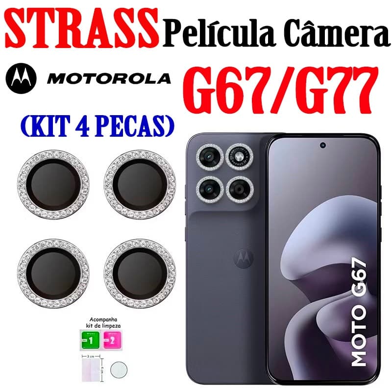 (Kit 4 Peças)Película de Câmera Strass Para Motorola G67/G77 Protetor de Lente Vidro Temperado Anti-Risco Diamante