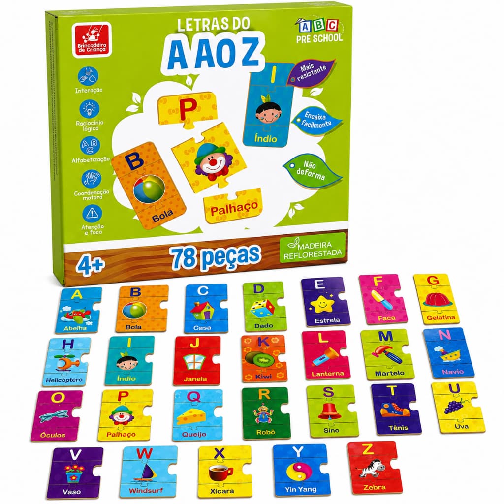 Quebra Cabeça Infantil Letras do A ao Z 78 Peças Madeira Educativo Alfabetização Montessori 4 Anos
