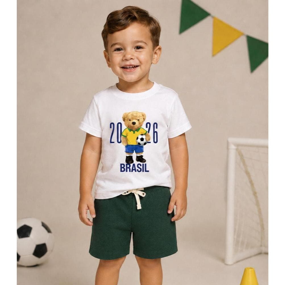 Conjunto Infantil Brasil Copa 2026 Menino – Short Verde texturizado + Camiseta 1 ao 3 Anos algodão
