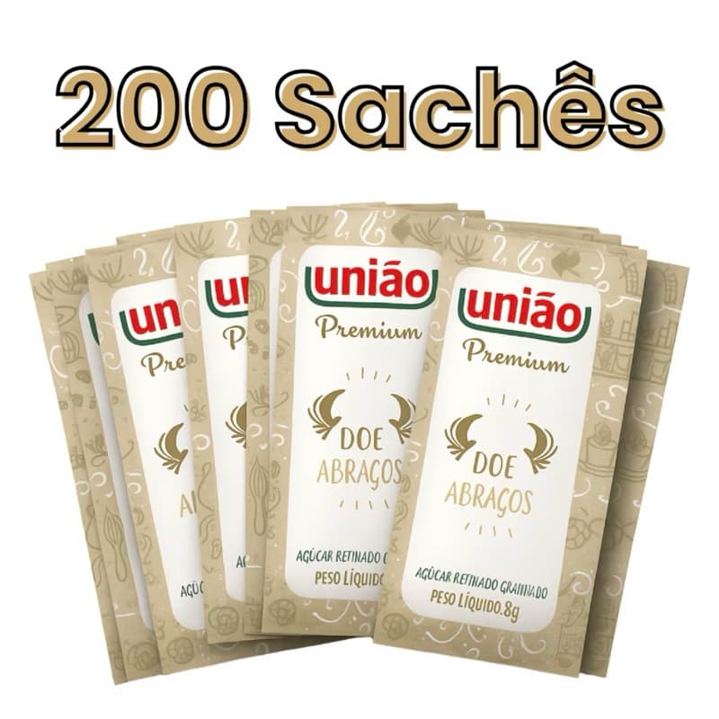 200 unidades Sachês Açúcar Refinado Granulado União 40g