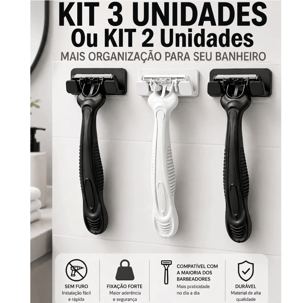 KIT com 3 ou 2 unidades de Suportes de Gilete para Banheiro Barbeador Parede Adesivo 3M Sem Furar