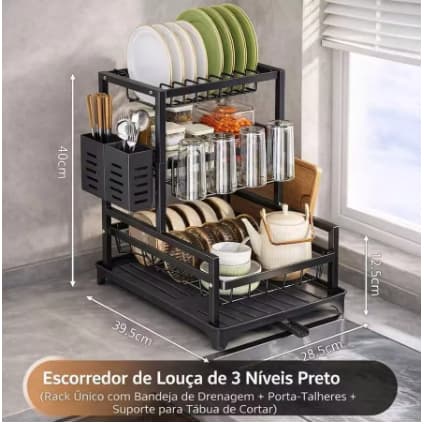 Escorredor de Louças Rack Aço Carbono Organizador Preto