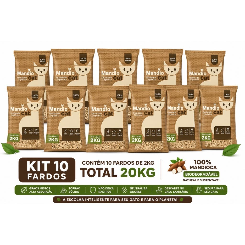 Areia para Gato 20kg Kit 100% Mandioca Biodegradável | Mya Cat, Esconde Aí, NutarCare e Mandiocat
