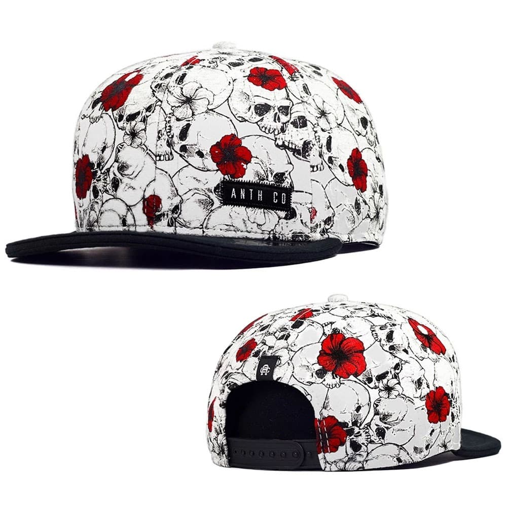 Boné Anth Co. Toten Flores Caveira Branco Vermelho Aba Reta Aberto Com Ajuste - SOG