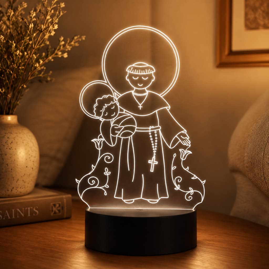 Luminária LED 3D Santo Antônio com Menino Jesus – Abajur Decorativo Religioso para Quarto Sala e Presente