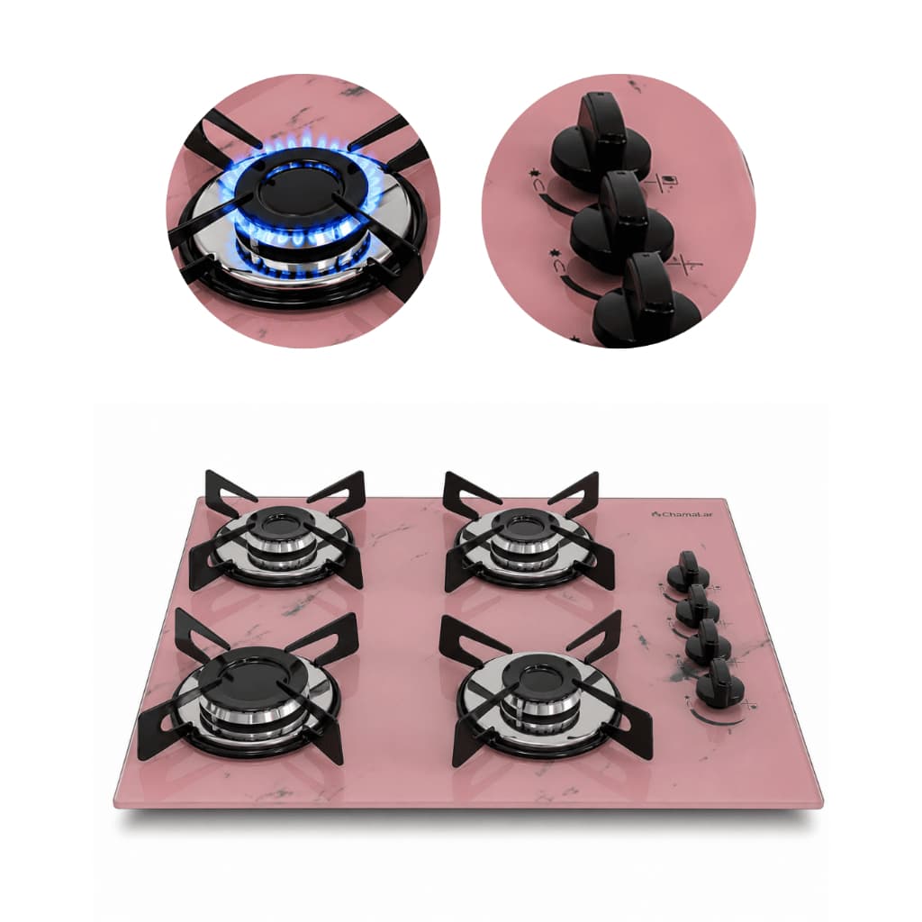 Fogão cooktop 4 bocas Ultra Chama Chamalar a Gás Marmorizado Rosa Automatico 127/220v
