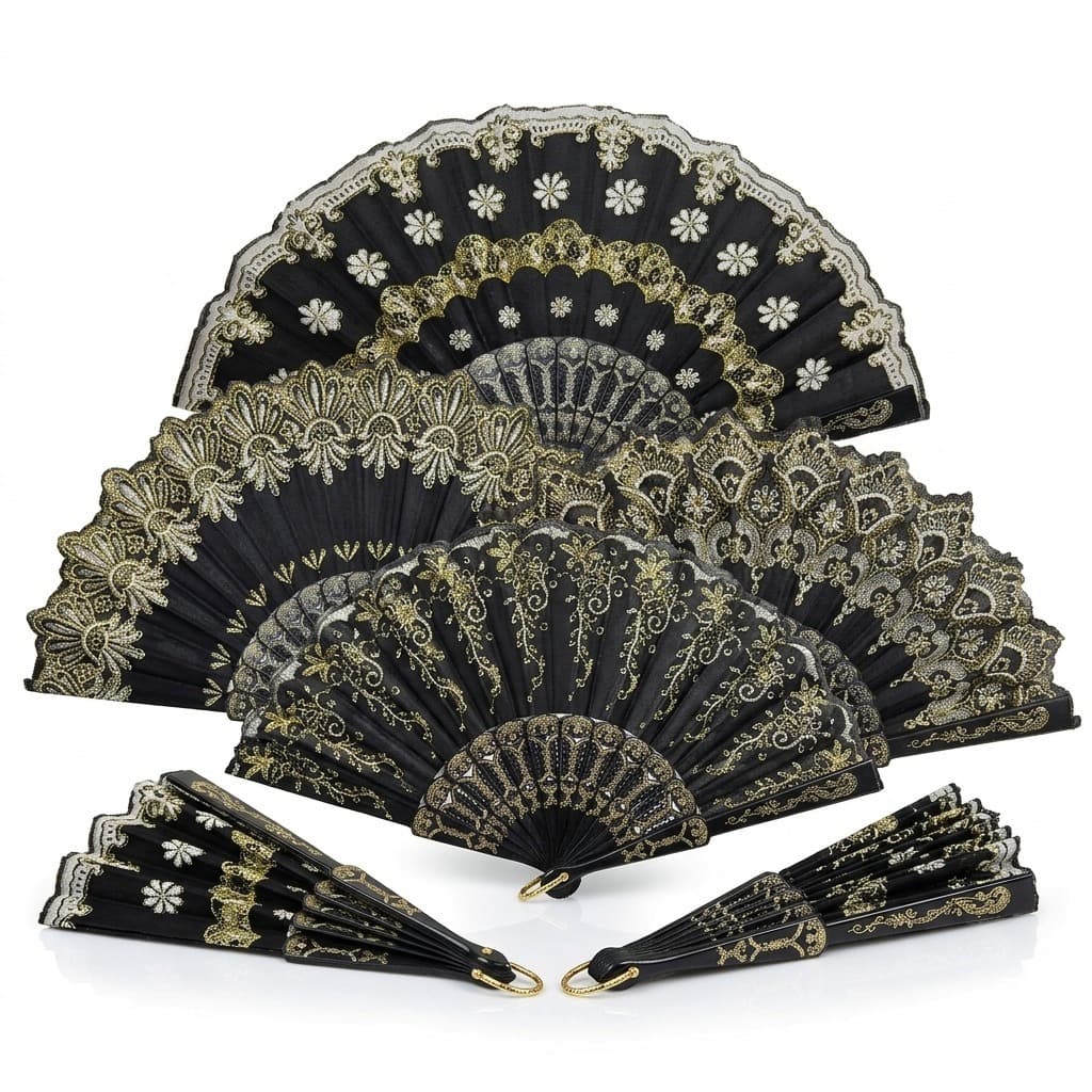 Leque De Mão Tecido Estampado Renda Preto com Dourado Leque Cigano Tecido Floral Estampado Chique
