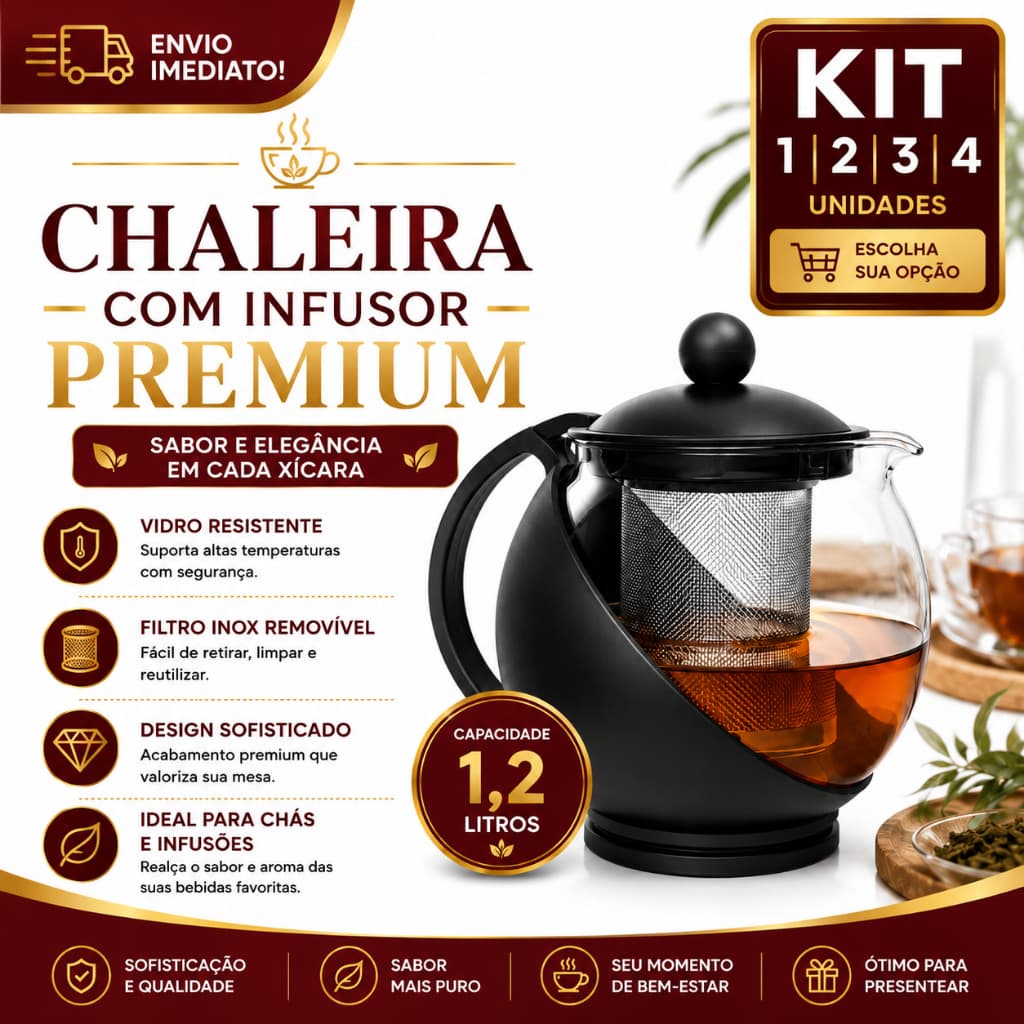 Chaleira de Vidro 1,250 Litros 1/2/3/4 com Infusor Inox Removível Premium para Chá e Infusões Resistente ao Calor