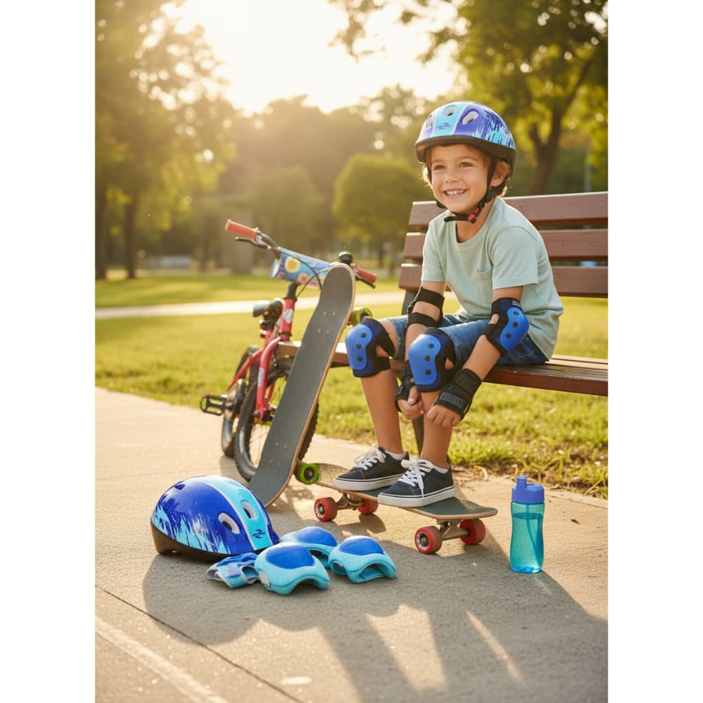 Kit Proteção Infantil Completo Capacete Azul 7 Peças Segurança Conforto