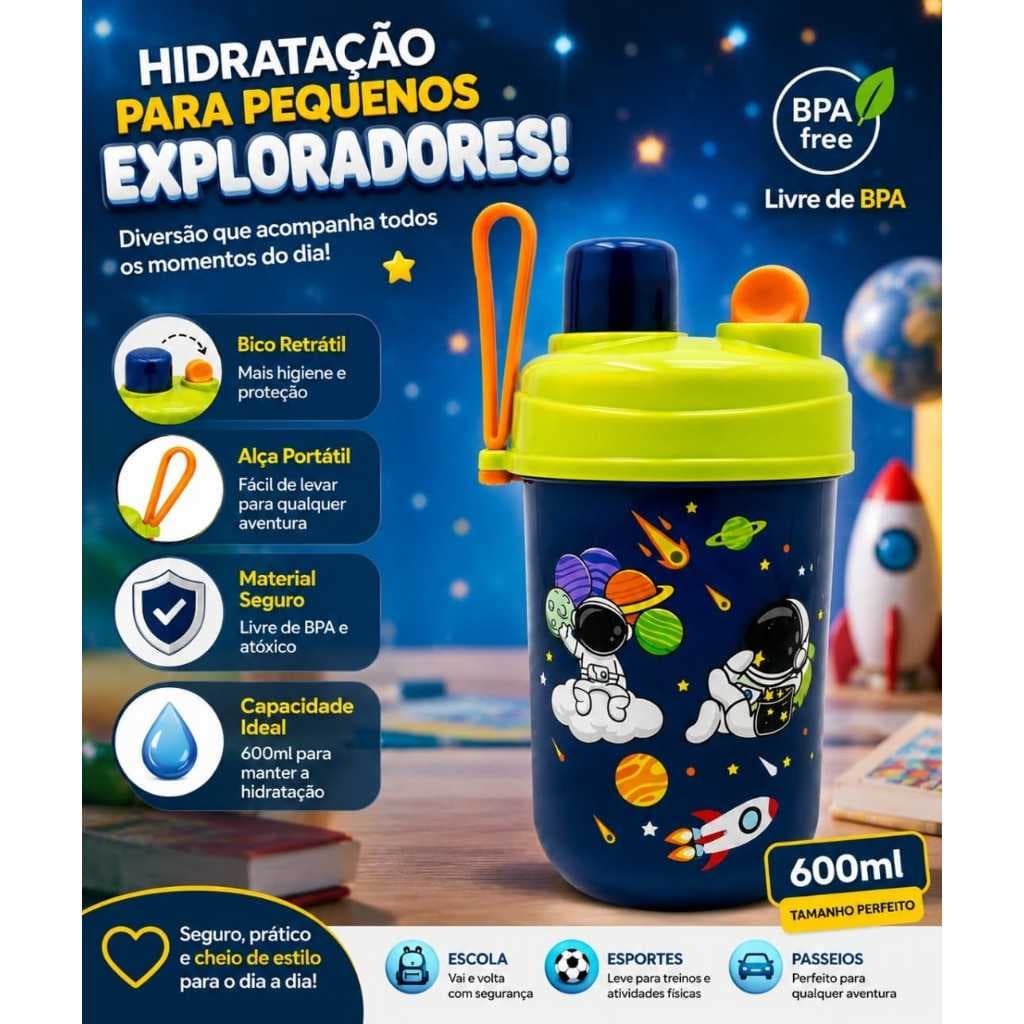 Garrafa Copo De Transição Azul Astronauta Infantil Bebê 600ml Com Canudo E Bico Tampa  E Alça Menino Agua Suco Escola