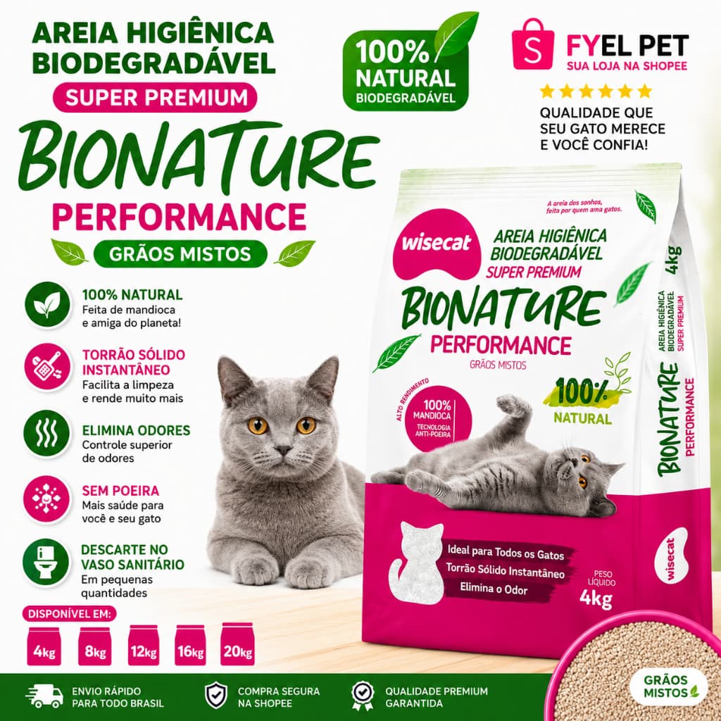 Areia de Gato Bionature Biodegradável | Grãos Misto | Areia de Gato Higiênica de Mandioca