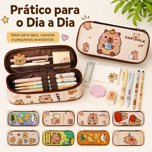 Estojo Escolar Capivara Kawaii de Lona com Zíper, Porta Lápis e Canetas de Grande Capacidade