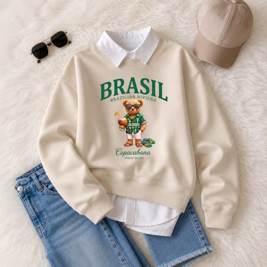 Blusa de Frio Moletom Brasil Bear Urso Copacabana Estampado Casaco Flanelado Gola Redonda Blogueira