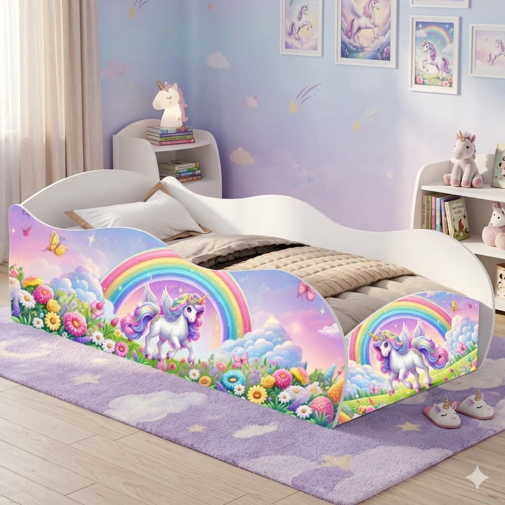 Cama Infantil Montessoriana Baixa Com Colchão Incluso E Grade Para Quarto De Criança Menina Encanto Unicórnio