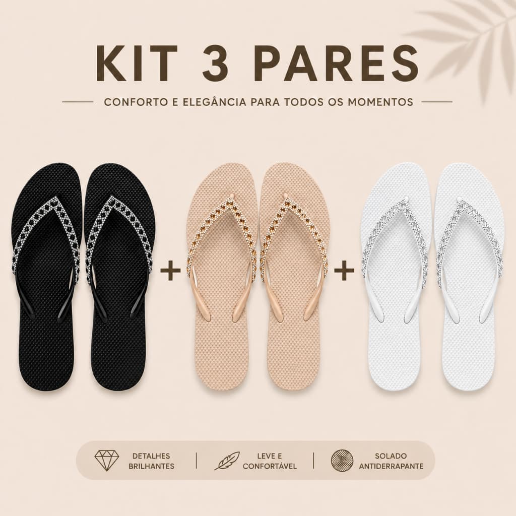 Kit 3 Pares Chinelo Rasteirinha Branco Preto Bege Tamanhos 33 ao 40