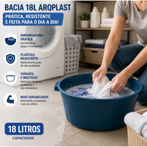 Bacia para Lavanderia Reforçada com empunhadura 18Litros Azul -Arqplast