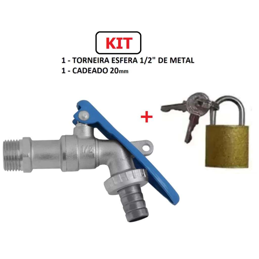 Kit Torneira Esfera Metal 1/2" com Cadeado 20mm 2chaves
