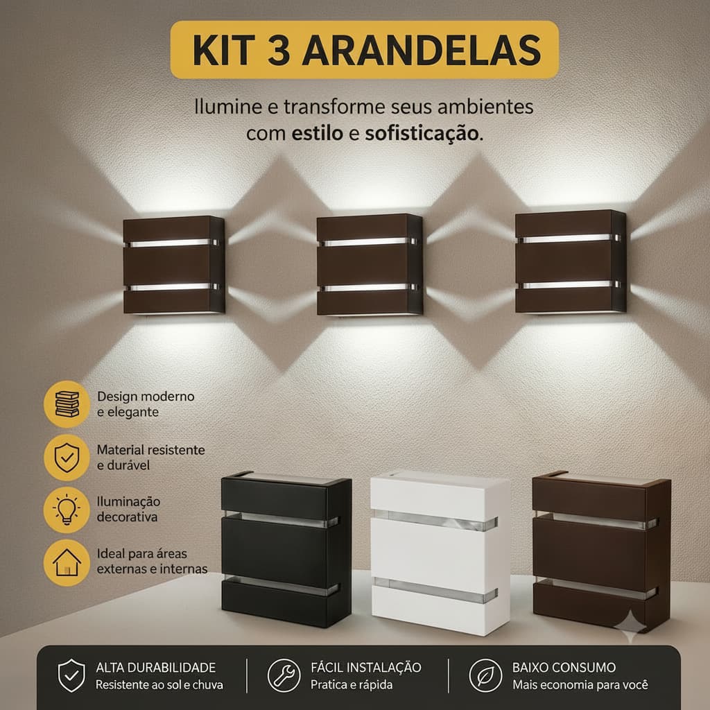 Kit 3 Arandela De Parede Luminária Slim Para Área Externa e Interna 2 focos 2 frisos Ideal Para Jardins Sítios Chácaras
