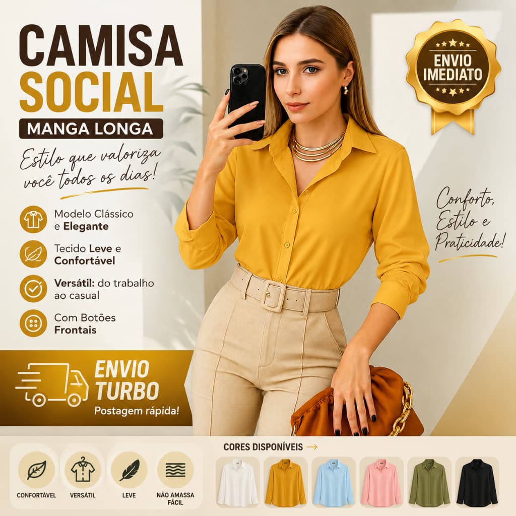 Camisa Social Manga Longa Liso Com Botoes Confortavel Versatil ENVIO RAPIDO