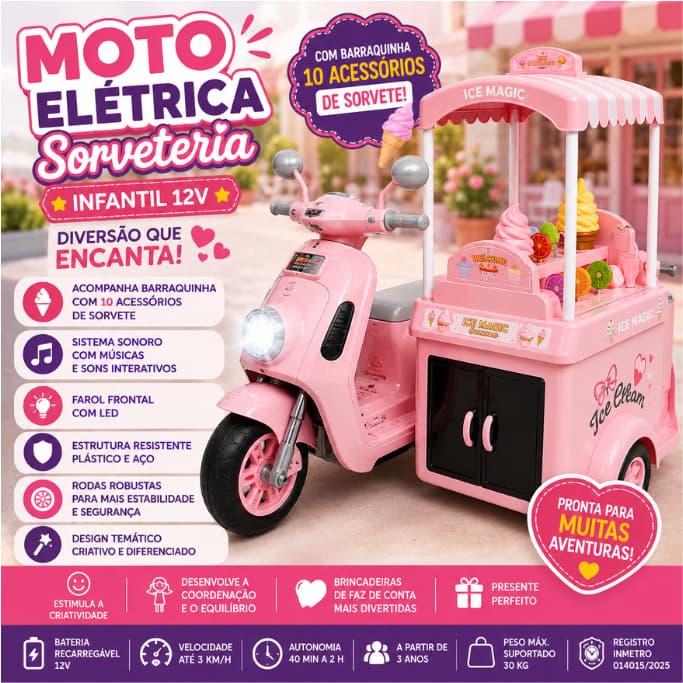 Moto Infantil Elétrica 12V Sorveteria Rosa com Carrinho de Sorvete LED Som e Música