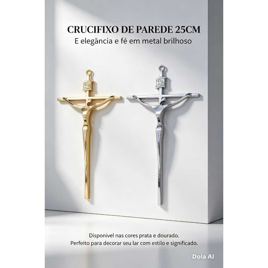 Crucifixo Rosto Liso 25cm - Metal Prata e Dourado | Design Moderno e Sagrado