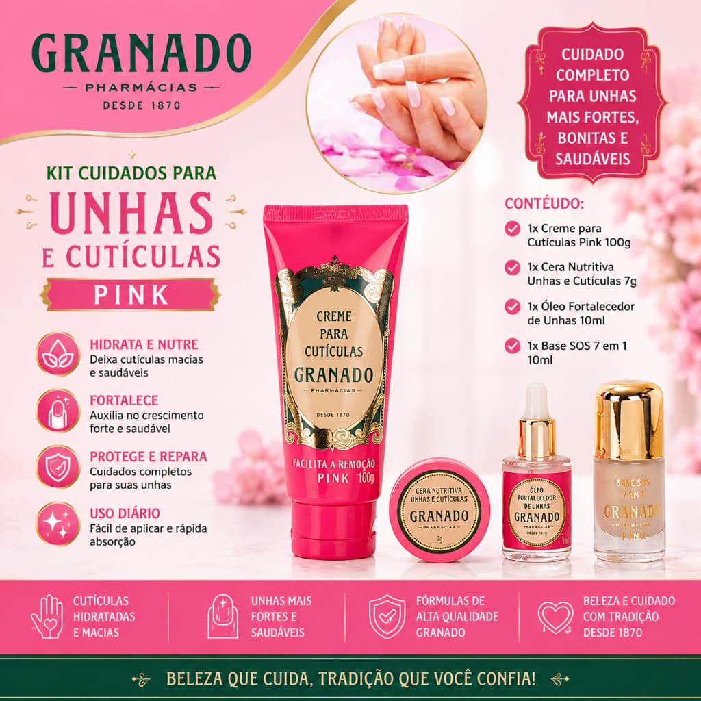 Kit Granado Pink Unhas E Cutículas Creme Cera Óleo Base SOS 4 Produtos