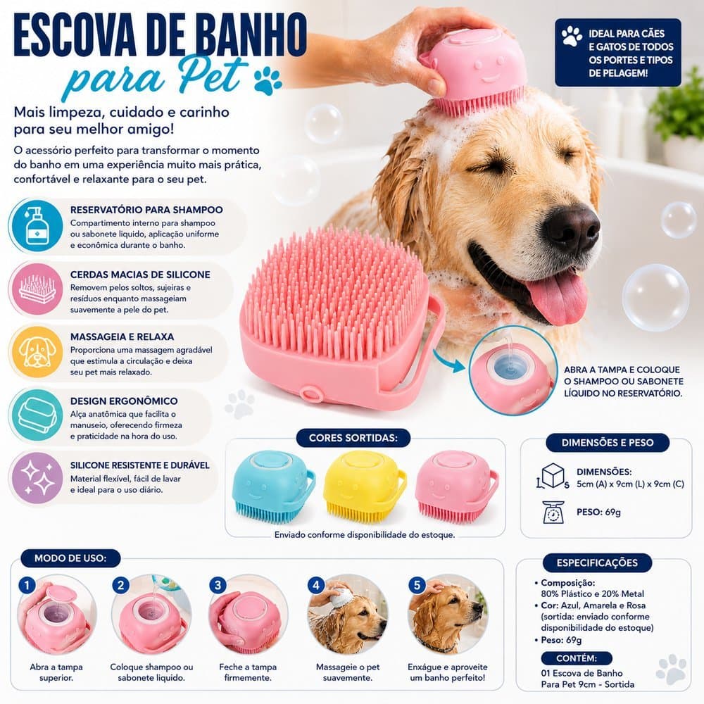 Escova de Banho Para Pet 9cm - Sortida