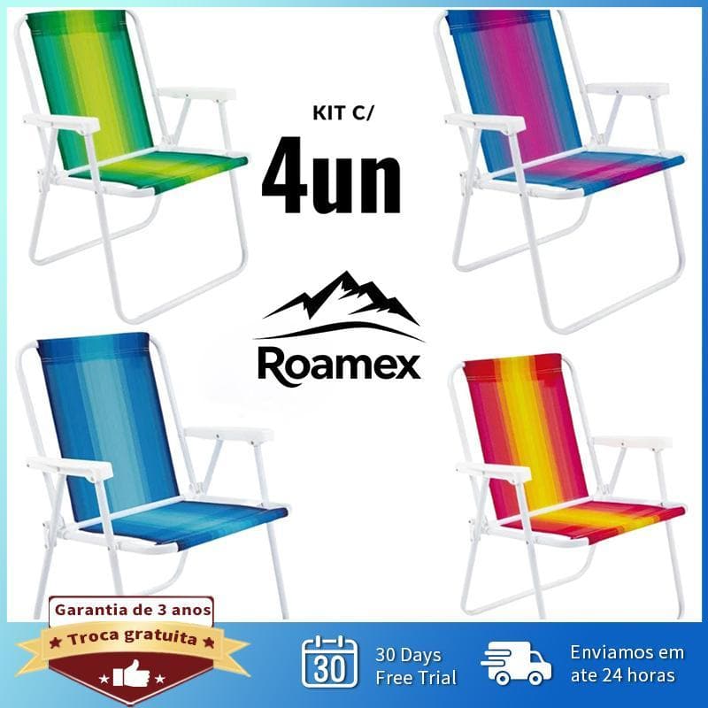 【Roamex】Kit 4 Cadeira de Praia Ferro Cores Sortidas 110kg Oferta