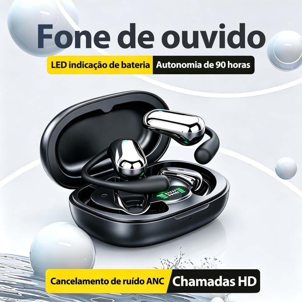 Fone de Ouvido Aberto Sem Fio OWS Esporte Resistente Água IPX7 Cancelamento Ruído Bluetooth 5.4 Bateria Longa Duração