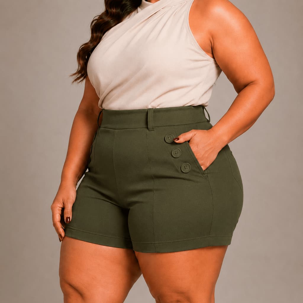 Shorts Social Feminina Plus Size Com 6 Botões Cintura Alta Alfaiataria Tecido Bengaline 42 ao 52