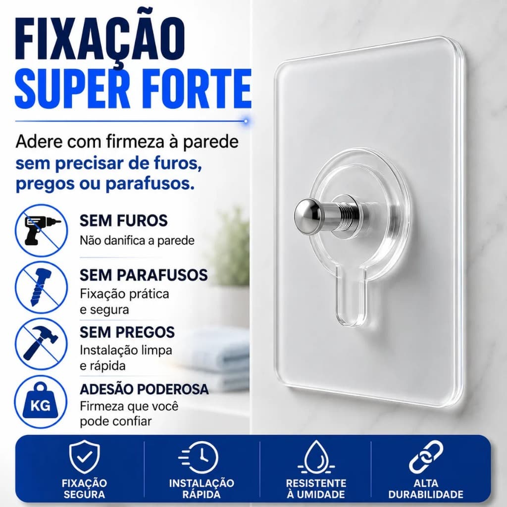 Kit Ganchos Adesivos Transparentes Sem Furos Alta Fixaçao