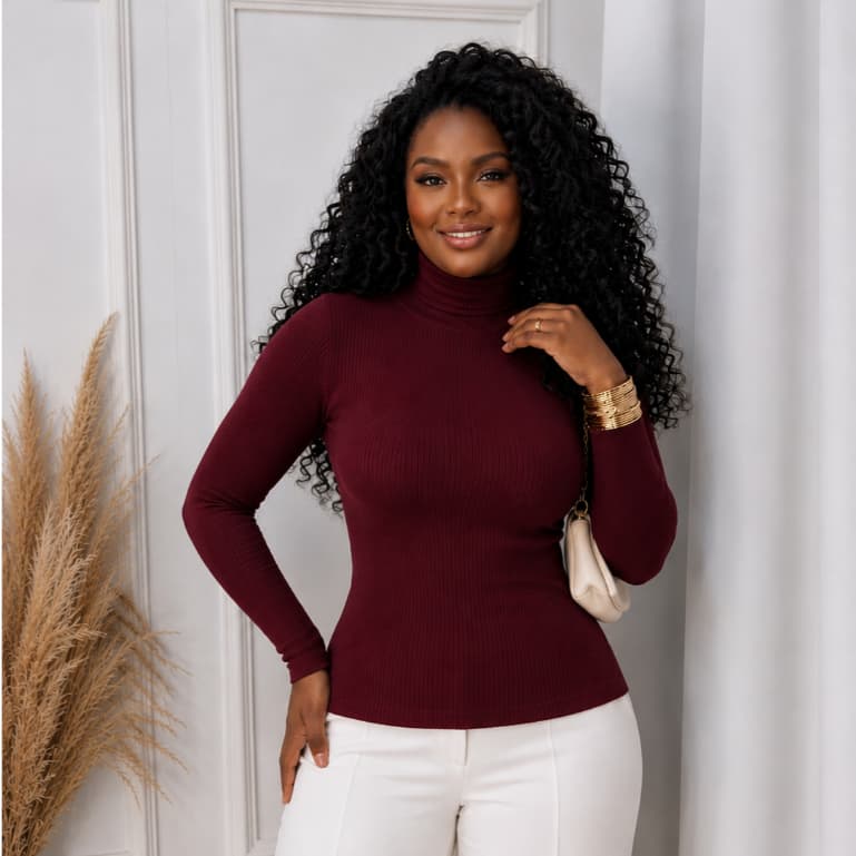 Blusa Feminina Cacharrel Gola Alta Manga Longa Ribana Básico Casual Outono Inverno
