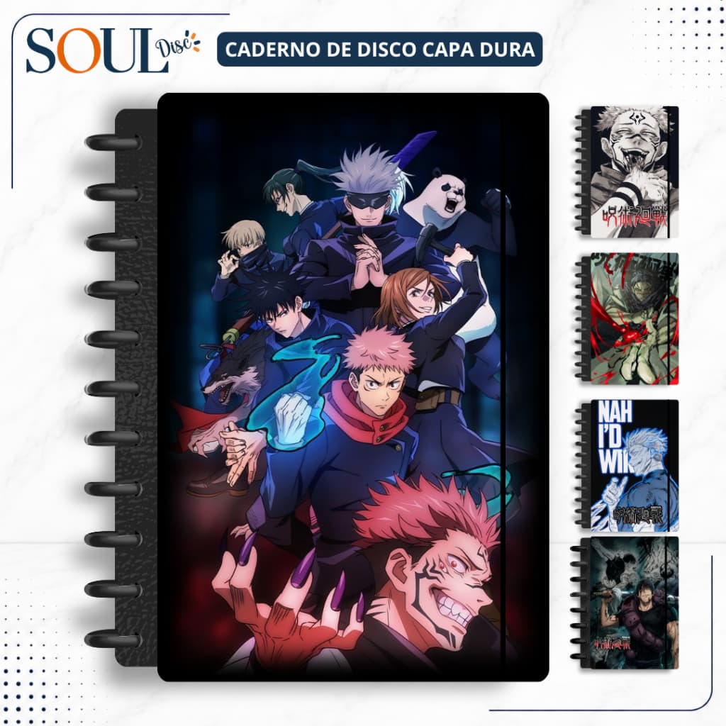 CADERNO INTELIGENTE DE DISCO JUJUTSU KAIZEN - MINI, P, M, G e G de 10 MATÉRIAS - COLOQUE SEU NOME