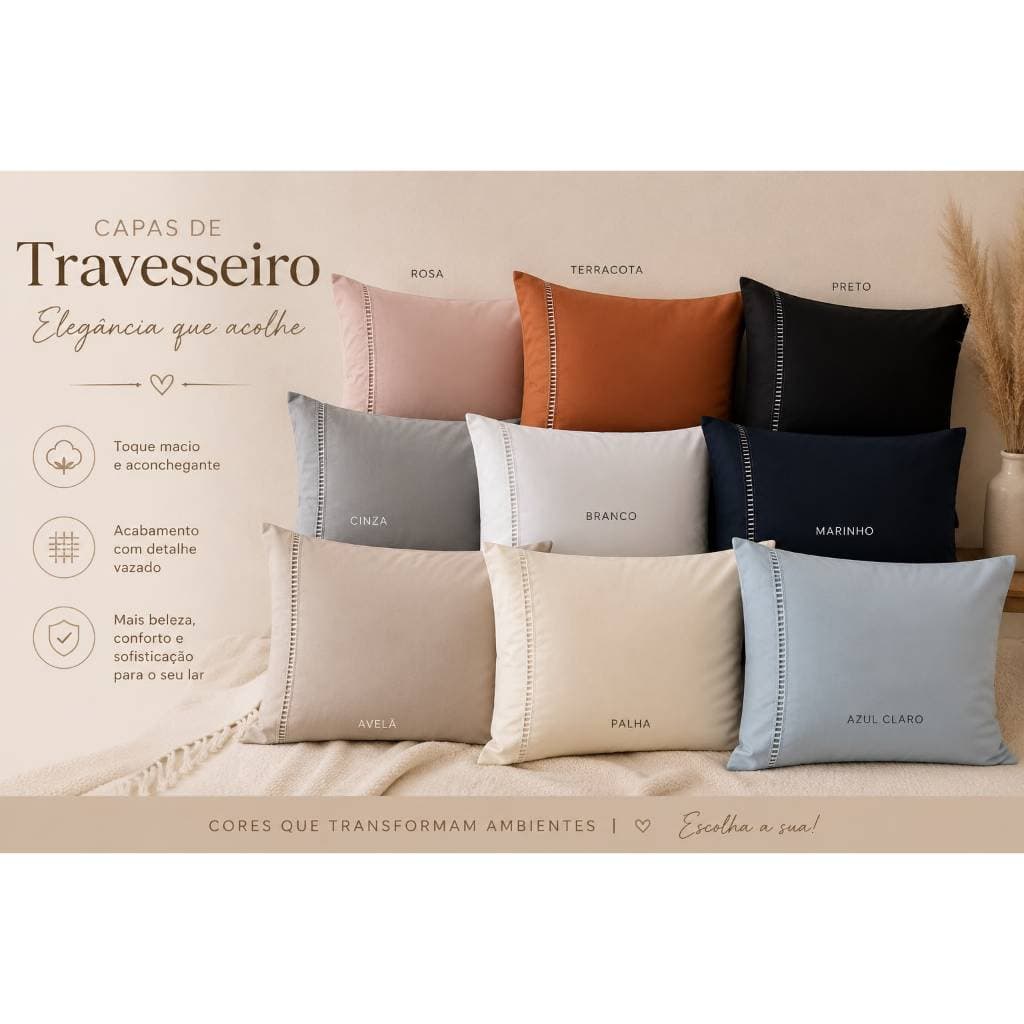 Kit Par De Fronha C/ Detalhes em Ponto Palito 400 Fios Liso Capa Para Travesseiro Premium