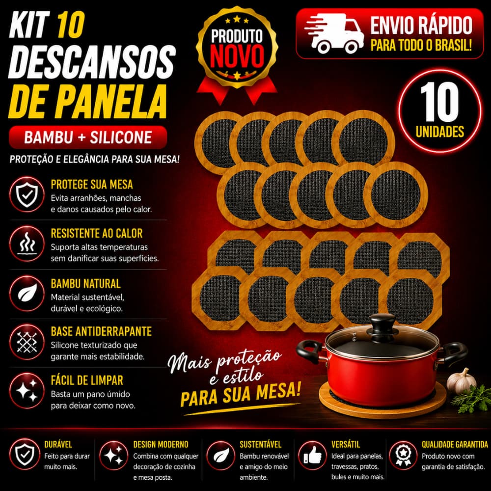 Conj10 e 5 Descanso De Panela Bambu Protege Mesa E Bancada 03 Formatos Quadrado Redondo Octogonal