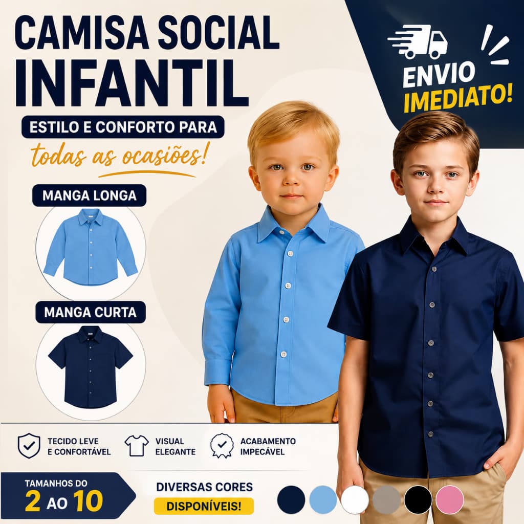 Kit Camisa Social Infantil Manga Longa e Manga Curta Confortável Não Amassa - Envio Imediato !!!