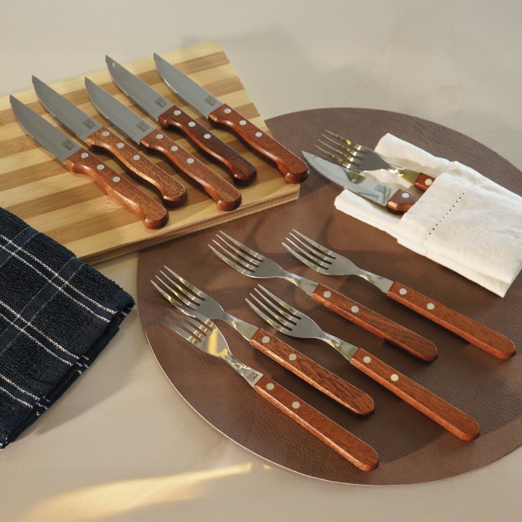 Jogo de Talheres para Churrasco Bene Casa 12 Peças com 6 Facas e 6 Garfos Cabo de Madeira Tratada Resistente Lava-Louças