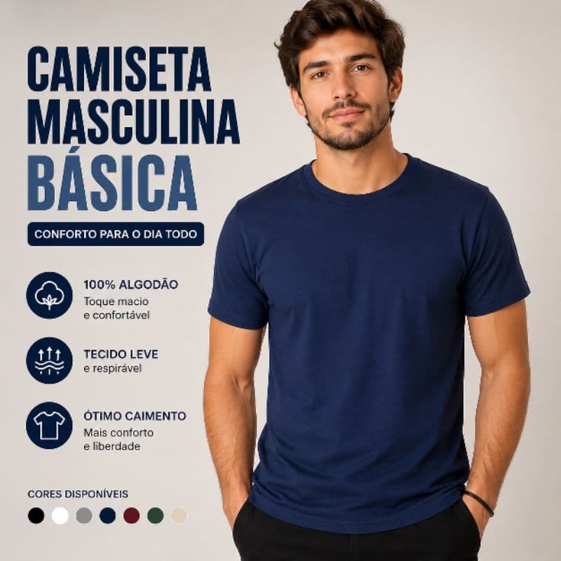 Camiseta Básica 100% Algodão Reforço Ombro a Ombro Masculina Lisa Modelagem Casual