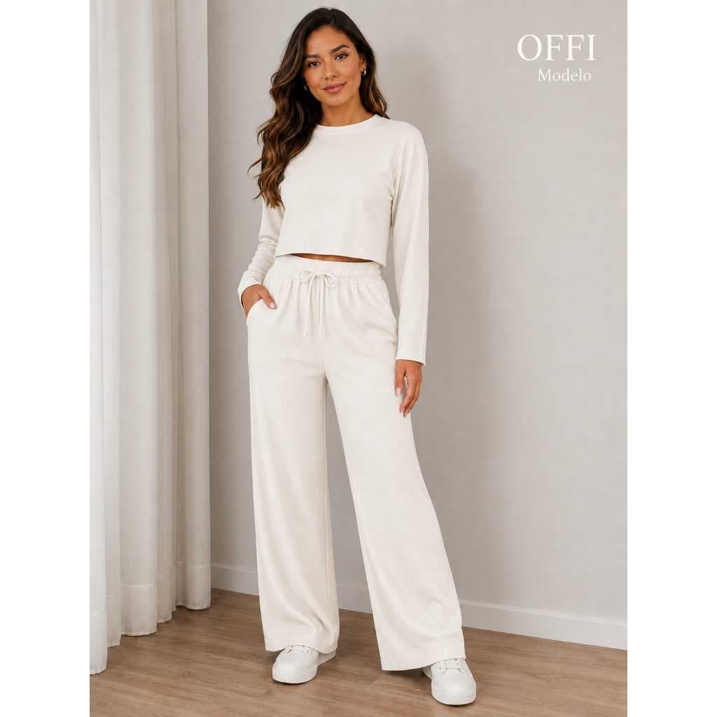 Conjunto Feminino Manga longa + Calça pantalona Cintura alta Casual Elegante