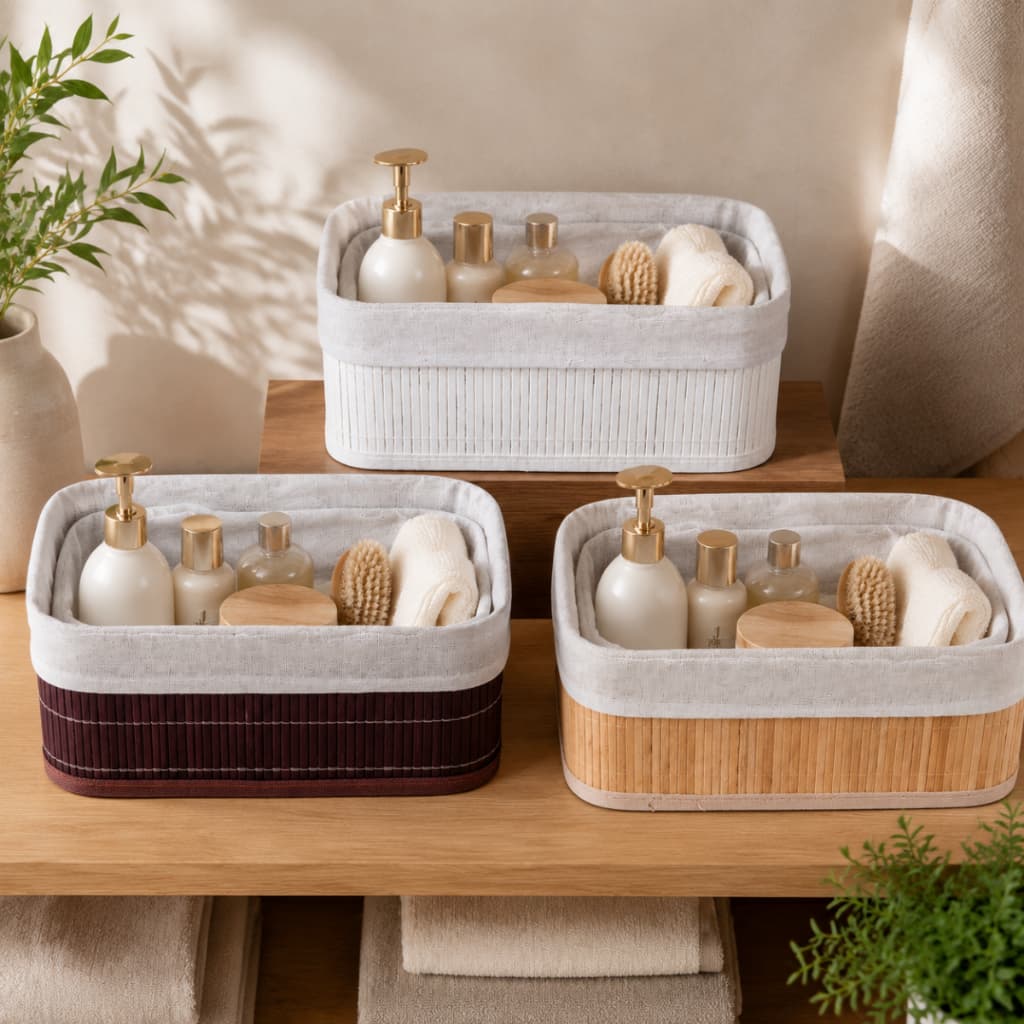 Kit 3 Cestos Organizadores Bambu Natural Marrom e Branco Com Forro Armazenamento Multiuso