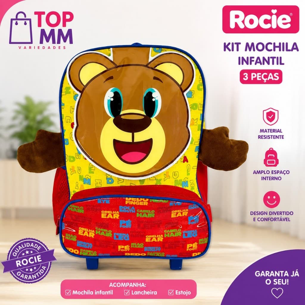 Mochila Infantil Escolar Ursinho Rodinha Amarela e Vermelha