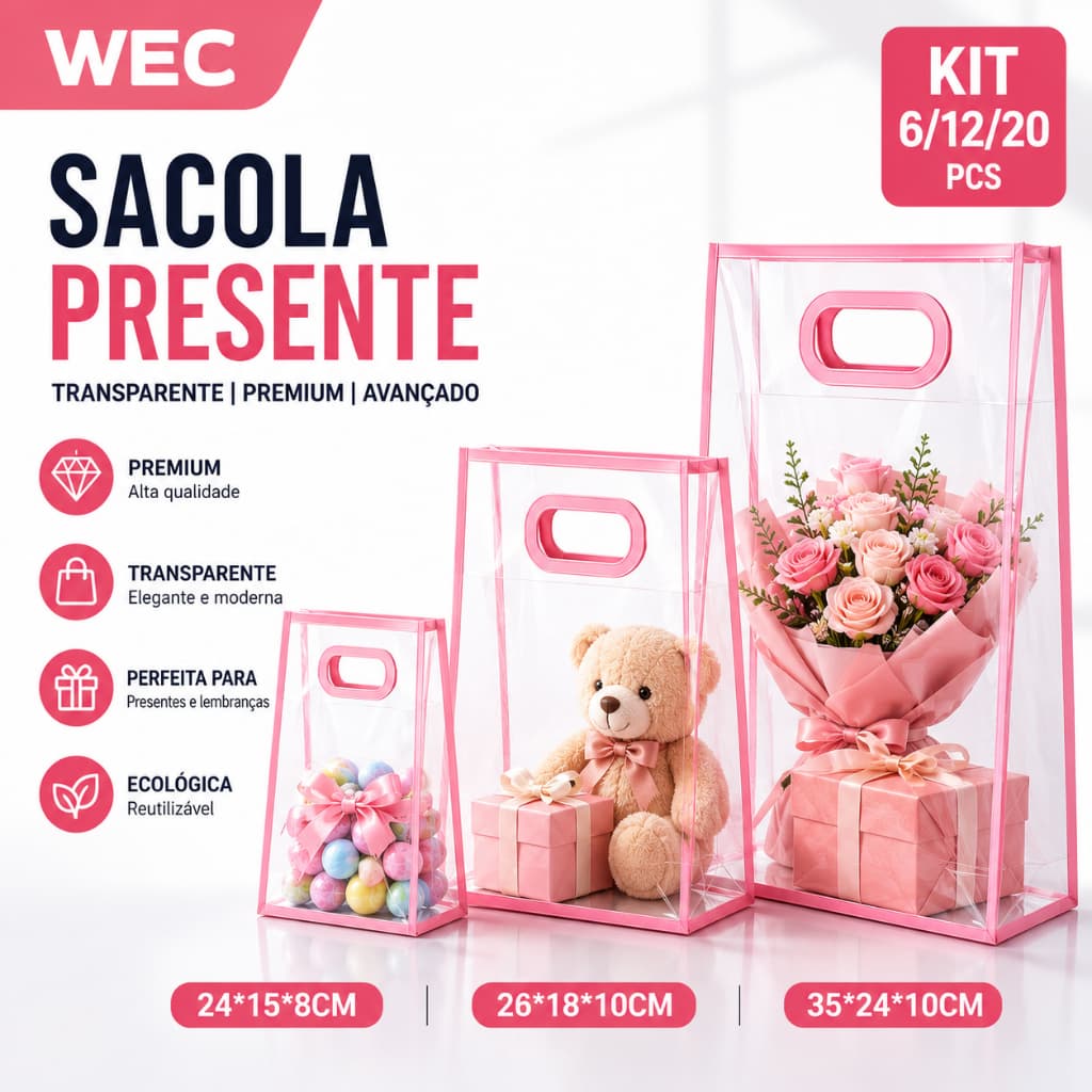 6/12/20PCSavançado sacola plástica transparente para presente de aniversário casamento doces sacola de compras ecológica