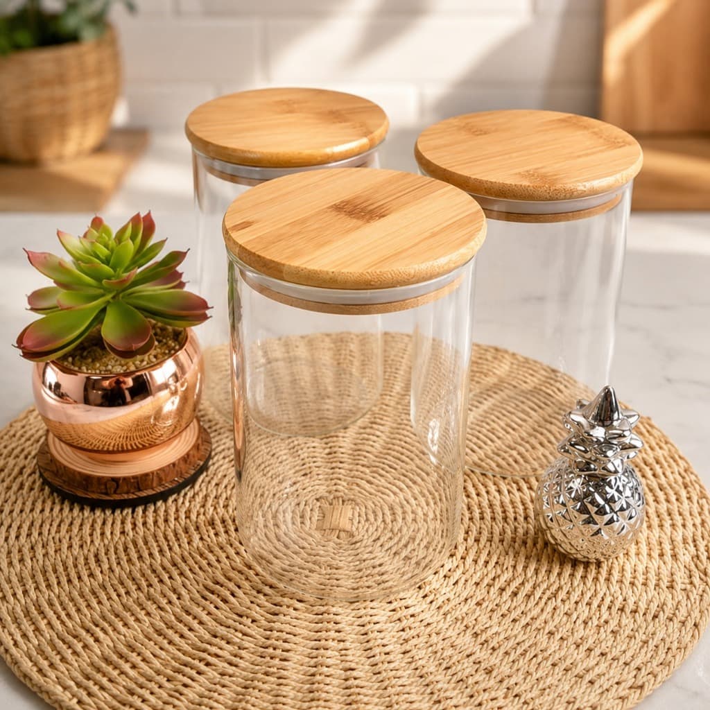 Pote De Vidro Hermético Com Tampa de Bambu 1L