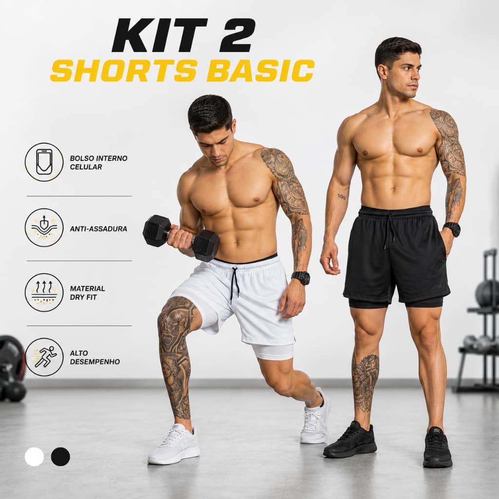Kit 2 Bermuda 2 em 1 Masculina Academia Compressão Dry Fit Camada Dupla Treino Corrida Fitness