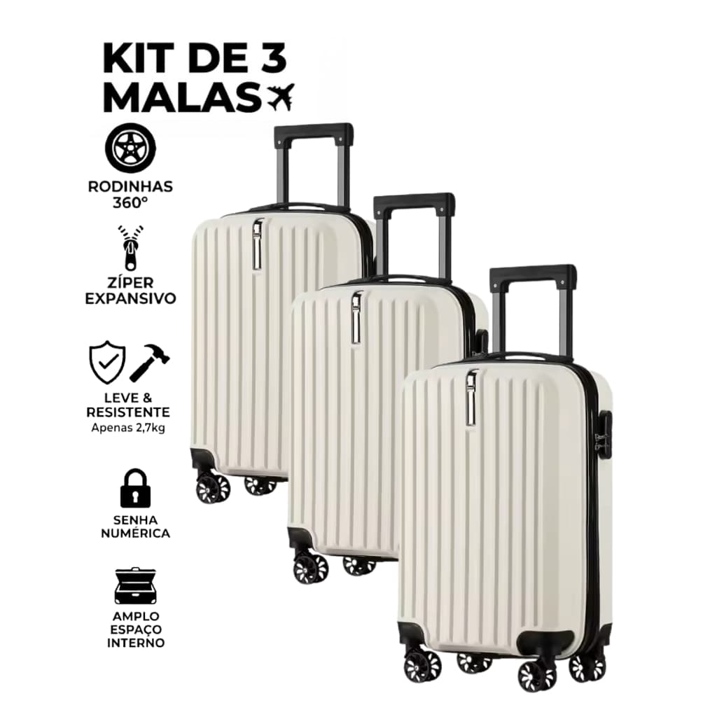 KIT 3 Malas de Bordo 10kg Cores Variadas com Rodinhas 360° Giratórias