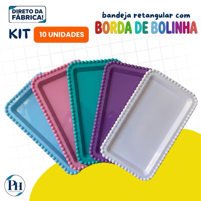 KIT 10 BANDEJAS RETANGULAR PLÁSTICA COM BORDA DE BOLINHAS 25x15CM | IDEAL PARA FESTAS E DECORAÇÃO