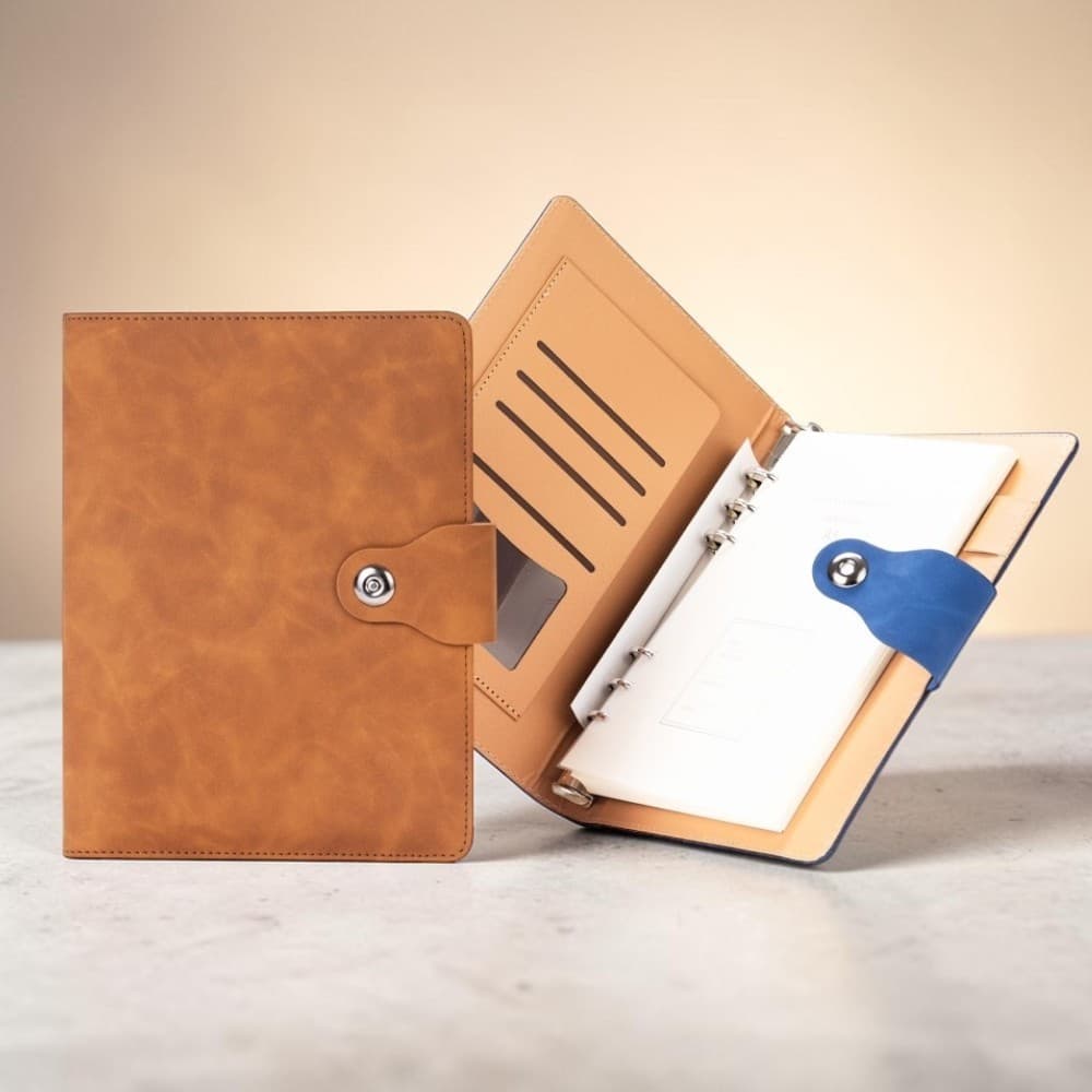 Caderno Fichário PU Argolas A5 Fecho Magnético Porta Cartão Caneta 99 Folhas