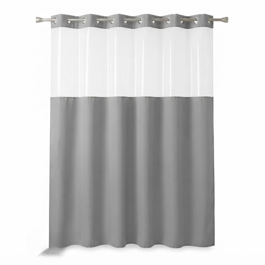 Cortina para Box PVC Antimofo 1,38x1,98m com Visor Transparente, Saia Cinza, Ilhós e Ganchos Inclusos